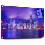 Hong Kong skyline in muted gray and blue tones on acrylic glass, suitable for modern bedroom or dining room decor.