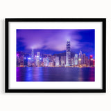 Abstract art print of Hong Kong skyline in vibrant colors on a large textured canvas, ideal for living room decor.