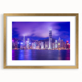 Extra large abstract art print of Hong Kong skyline in gold frame, featuring textured details and vibrant hues.