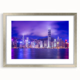 Textured abstract art print of Hong Kong skyline in muted gray and silver tones, framed with a silver mat.