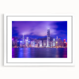 Abstract art print of Hong Kong skyline in muted gray and blue tones on a framed white mat, ideal for dining room decor.
