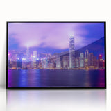 Large abstract wall art depicting the Hong Kong skyline in black and white tones on a framed acrylic.