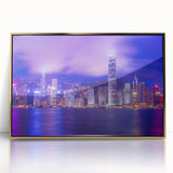 Large art print depicting Hong Kong skyline in gold and black hues on a framed acrylic, ideal for modern art wall decor.