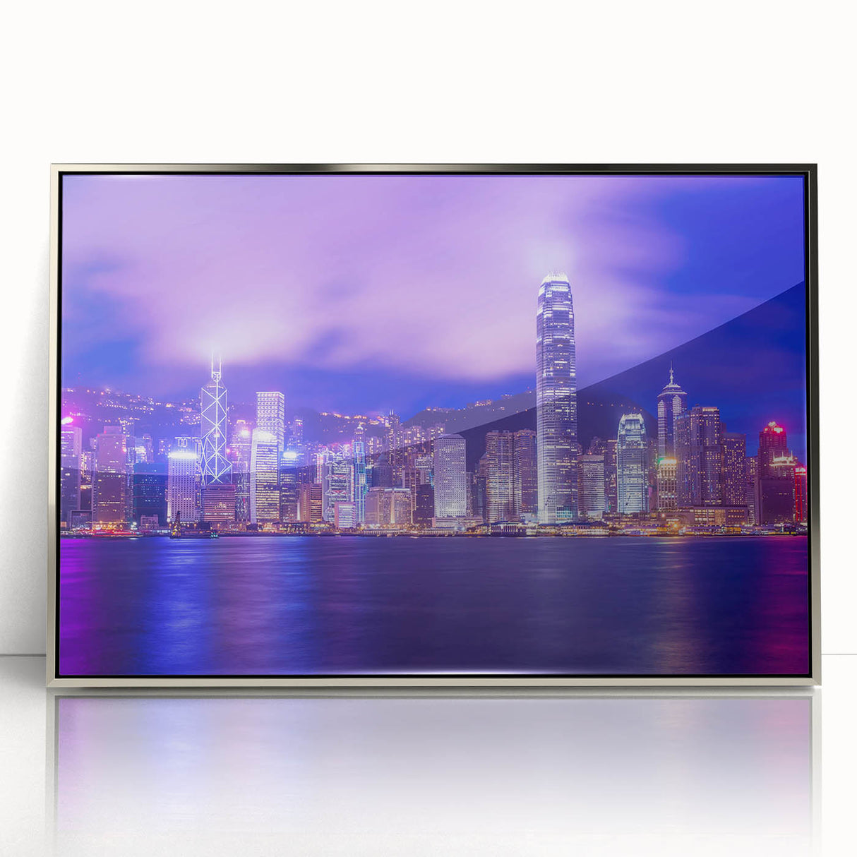 Mid-century modernist art of Hong Kong skyline in muted silver tones on a framed acrylic, ideal for modern art wall decor.