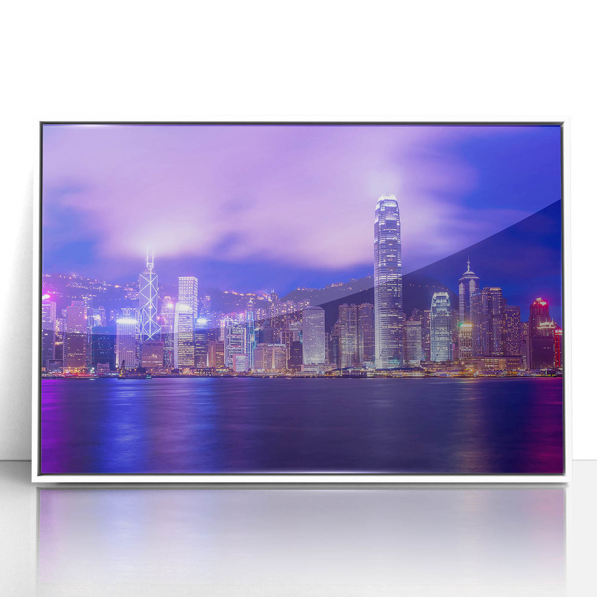 Framed acrylic print of Hong Kong skyline in art deco style with muted color palette, ideal for modern art wall decor.