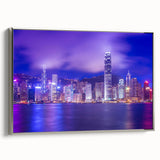 Framed canvas depicting a colorful Hong Kong landscape in a vintage poster style.