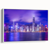 Vintage poster art of Hong Kong skyline in vibrant colors on a large framed canvas, ideal for living room decor.