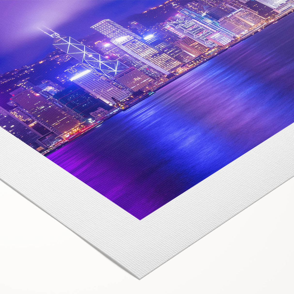 Art deco poster of Hong Kong skyline in muted gray and blue tones on rolled canvas, suitable for dining room wall art.