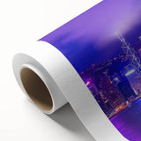 Art Deco poster of Hong Kong skyline in muted gold and navy tones on rolled canvas, ideal for nursery wall art.