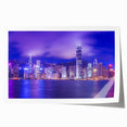Hong Kong cityscape in muted gray and blue tones on a rolled canvas, suitable for dining room wall art.