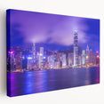 Hong Kong skyline in muted gray and blue tones on a large stretched canvas, suitable for kitchen wall art.