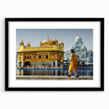 Extra large abstract art print depicting vibrant, colorful Indian scenery on textured canvas, framed in black.
