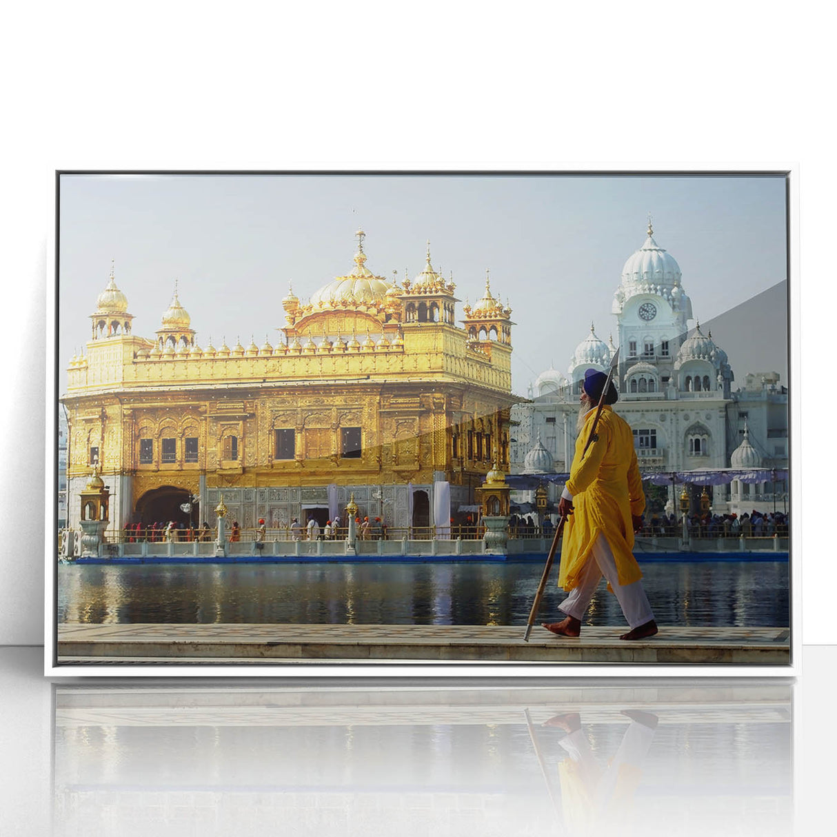 Acrylic print of a serene Indian landscape with subtle green and earth tones, framed in white.