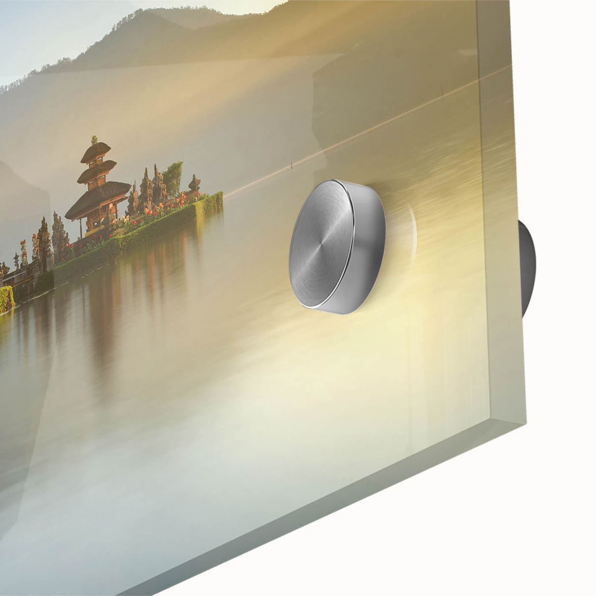 Large abstract wall art featuring Indonesian scenery in muted earth tones on acrylic glass.