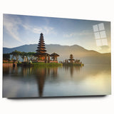 Large abstract wall art of a serene Indonesian landscape in soft blue and green tones on acrylic glass.