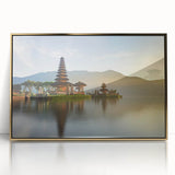 Acrylic print of a serene Indonesian landscape in muted earth tones, framed in gold, suitable for modern art wall decor.