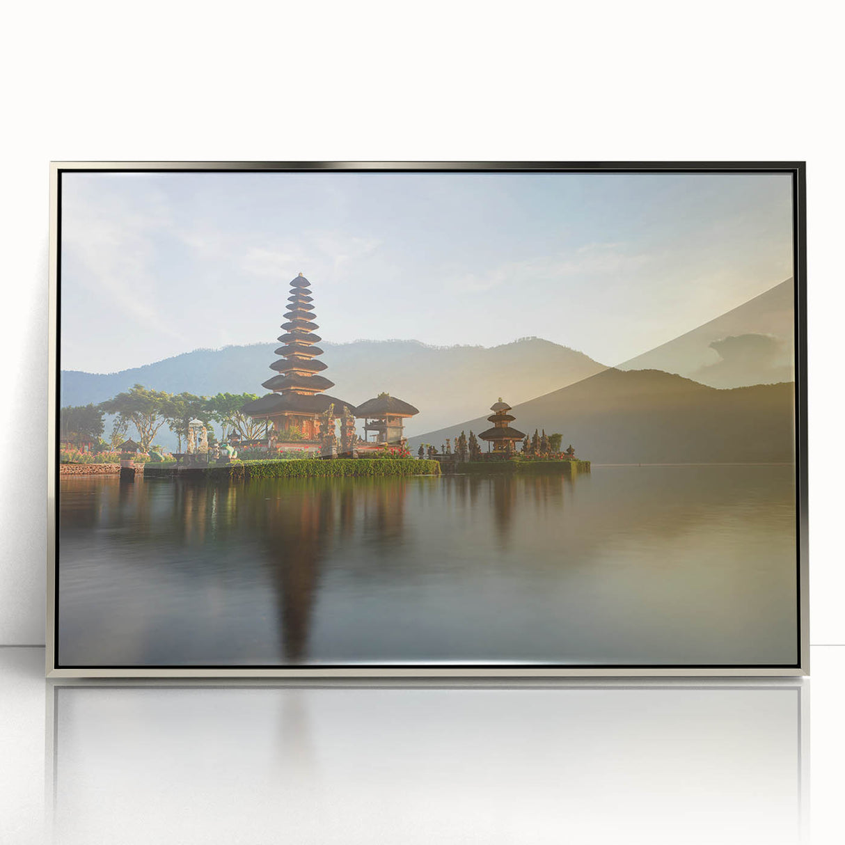 Mid-century modernist art depicting a serene Indonesian landscape in muted earth tones, framed acrylic.