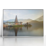Acrylic print of a serene Indonesian landscape in soft pastel colors, framed in white, suitable for modern art wall decor.