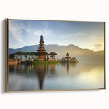 Framed canvas wall art featuring a vintage-style Indonesian landscape in black and gold tones, ideal for bedroom decor.