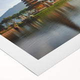 Art deco poster featuring a stylized Indonesian landscape in muted earth tones on rolled canvas.