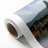 Art Deco style poster of an Indonesian landscape on rolled canvas, featuring muted earth tones, ideal for nursery wall art.