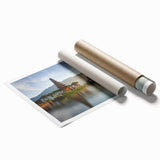 Extra large rolled print of a serene Indonesian landscape with lush floral elements in vibrant greens and blues.