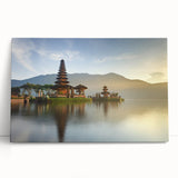 Black and white photograph of a serene Indonesian landscape on stretched canvas, ideal for kitchen wall art.