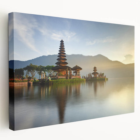 Large stretched canvas depicting a serene Indonesian landscape in muted earth tones, suitable for kitchen wall art.