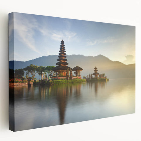 Large stretched canvas depicting a serene Indonesian landscape in muted earth tones, suitable for kitchen wall art.