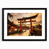 Colorful abstract art print of a Japanese scenery in vibrant hues on a large framed canvas, ideal for living room decor.
