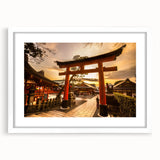 Abstract art print of a Japanese scenery in pastel shades on a framed white mat, ideal for bedroom or dining room decor.