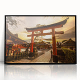 Large abstract wall art depicting a stylized Kyoto scenery in muted earth tones on a framed acrylic.