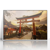 Art deco poster of Kyoto scenery in muted green and white tones on framed acrylic, ideal for nursery wall art.