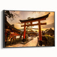 Black and white wall art featuring a vintage poster of the Kyoto landscape on framed canvas, ideal for bedroom decor.