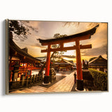 Framed canvas depicting a vintage-style Japanese landscape in muted gold and black tones, ideal for bedroom wall art.