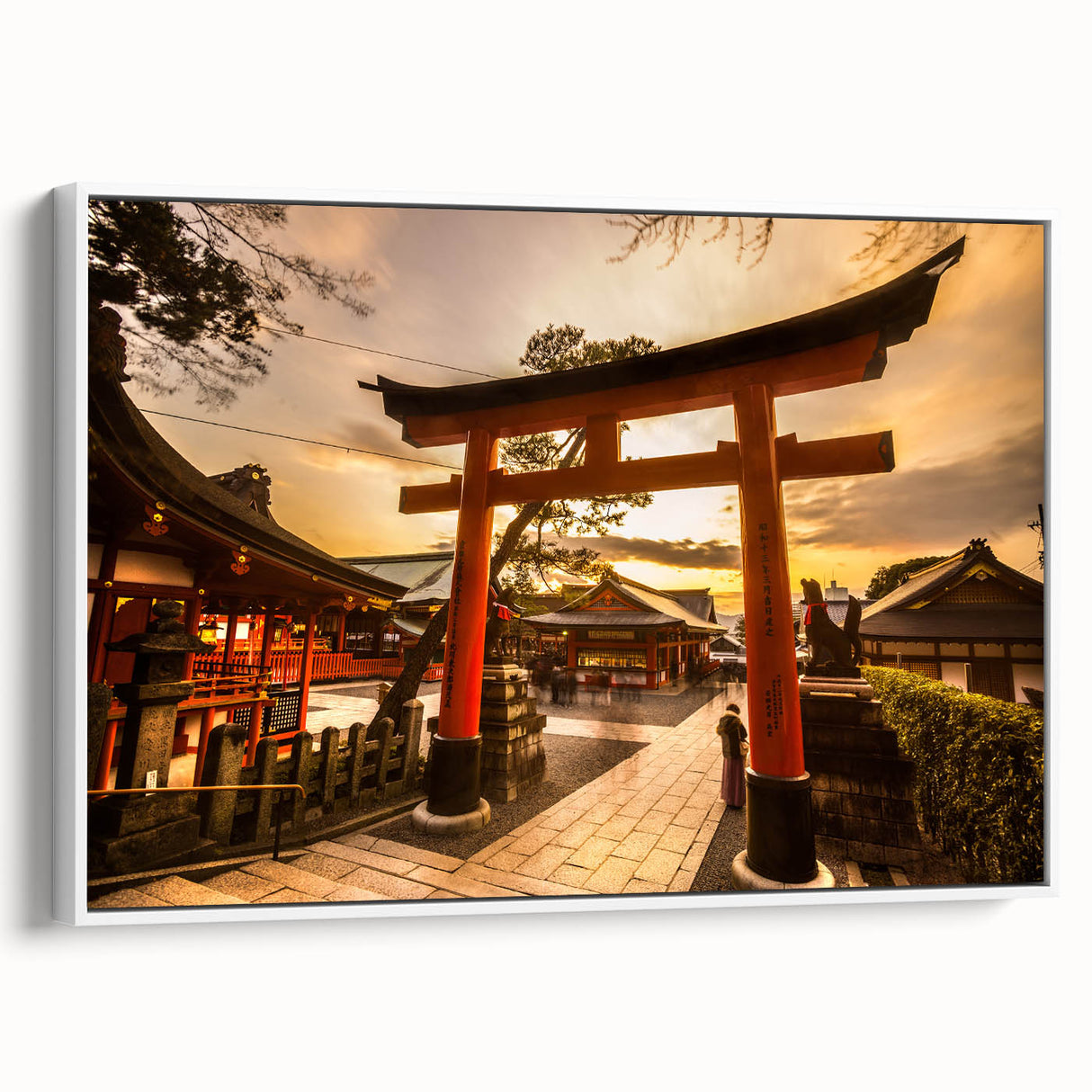 Vintage poster art of Kyoto scenery on extra large framed canvas, featuring colorful art on black background.