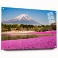 Acrylic print of Mount Fuji with vibrant blues and pinks, ideal for dining room decor.
