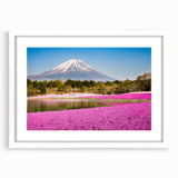 Abstract art print of Mount Fuji in muted blue and white tones on a framed poster, ideal for bedroom or dining room decor.