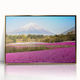 Large art print of Mount Fuji in soft pastel colors on a gold-framed acrylic, ideal for modern art wall decor.