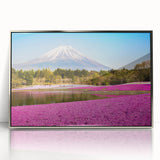 Mid-century modernist art of Mount Fuji in muted blues and grays on a framed acrylic, ideal for nursery wall art.