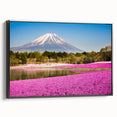 Black and white wall art of Mount Fuji with vintage poster style on framed canvas, suitable for bedroom decor.