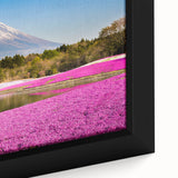 Black framed canvas featuring a textured depiction of Mount Fuji in vibrant colors, ideal for living room decor.