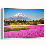 Vintage poster art of Mount Fuji with colorful palette on extra large framed canvas, ideal for living room decor.