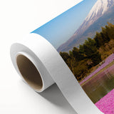 Art deco poster of Mount Fuji in muted blues and greens on rolled canvas, ideal for nursery wall art or dining room decor.