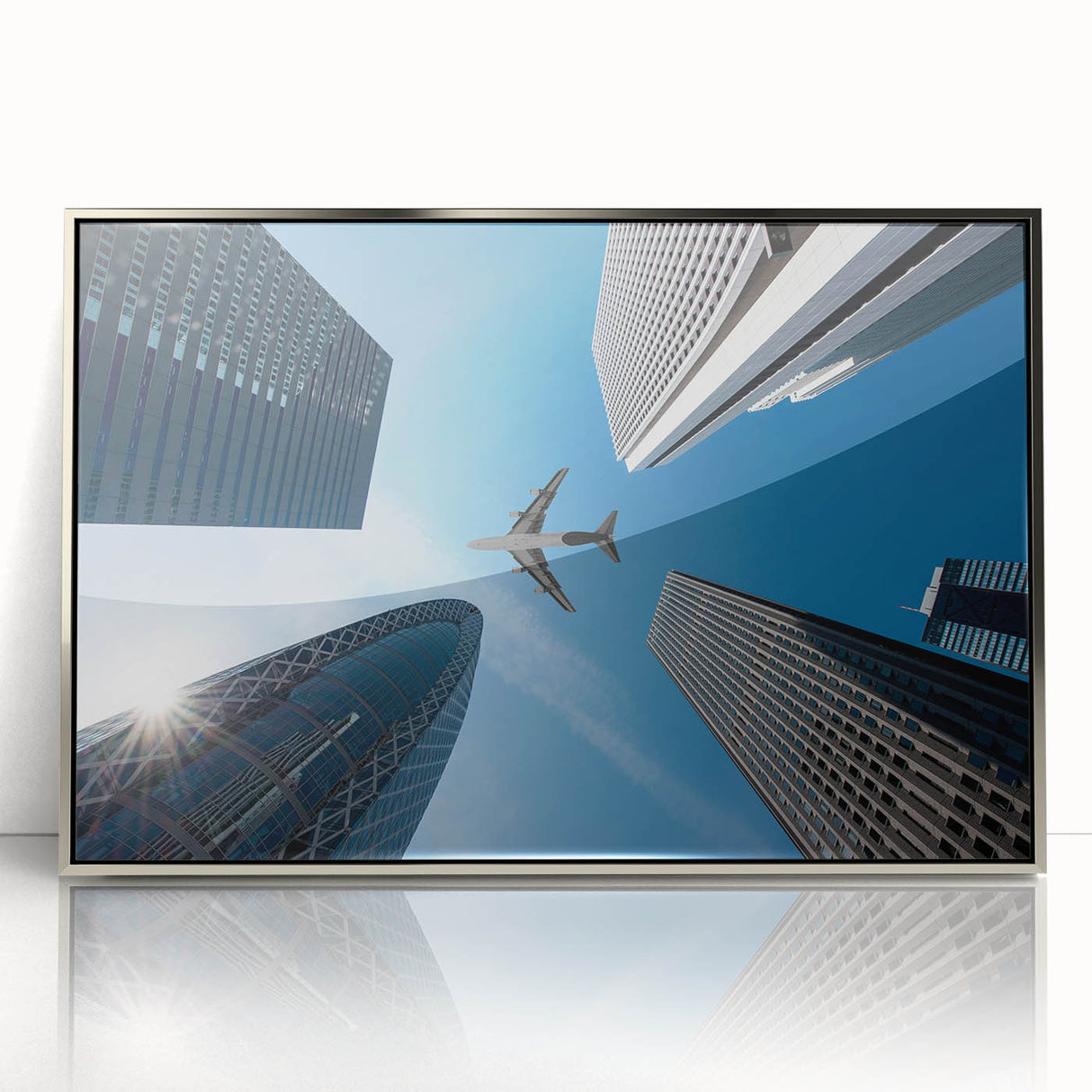 Mid-century modernist Tokyo skyline in muted gray and blue tones on a silver-framed acrylic print.