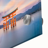 Large abstract wall art depicting a Japanese scenery in muted earth tones on acrylic glass, suitable for dining room art.