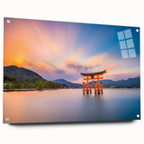 Large abstract wall art depicting an Asian landscape in muted earth tones on acrylic glass.