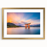 Extra large wall art featuring an abstract depiction of a Japanese landscape in textured gold and black tones on a framed…