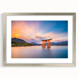Textured abstract art print of a serene Japanese landscape in muted earth tones, framed in silver, ideal for bedroom art.