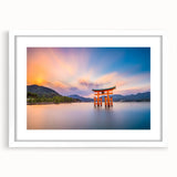 Abstract art print of a Japanese landscape in muted earth tones, framed with a white mat, suitable for dining room decor.